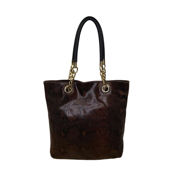 Cynthia Rowley Women’s Brown Leather Snakeskin Gold Tone Chain Handles Tote Bag - Picture 1 of 13